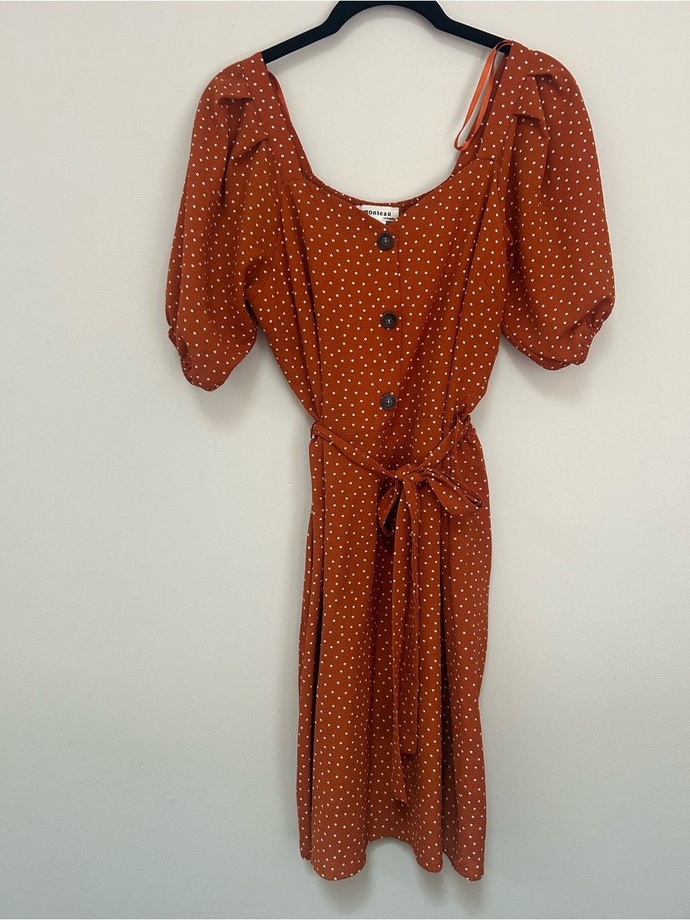 Monteau Rust Polka Dot Puff Sleeve Midi Dress